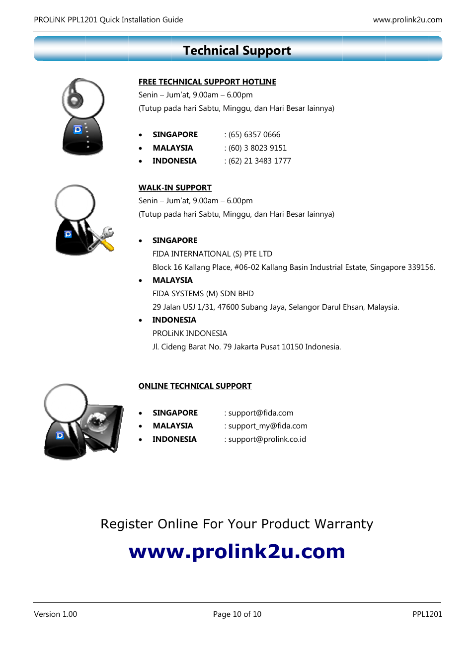 W.pr, Rolink, Regi | Ster on, Techn, Nline fo, Nical su, Or your, Pport, Produc | PROLiNK PPL1201 Quick Installation Guide User Manual | Page 20 / 20