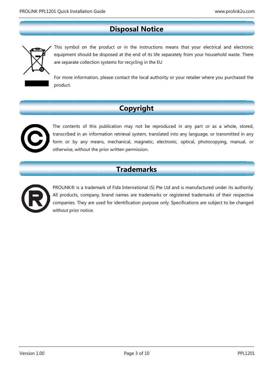 Disp, Posal no, Copyrigh | Rademar, Otice | PROLiNK PPL1201 Quick Installation Guide User Manual | Page 3 / 20