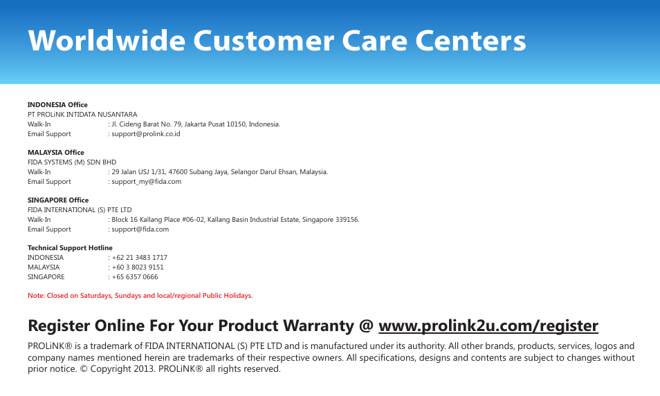 Worldwide customer care centers | PROLiNK PLE901 User Manual | Page 16 / 16