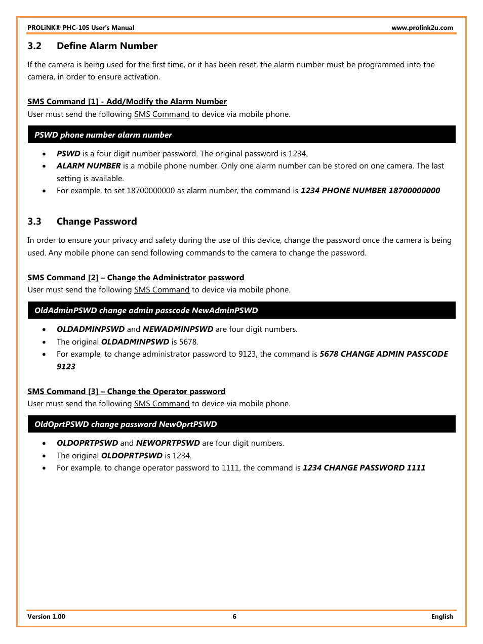 2 define alarm number, 3 change password, Define alarm number | Change password | PROLiNK PHC105 User Manual User Manual | Page 11 / 55