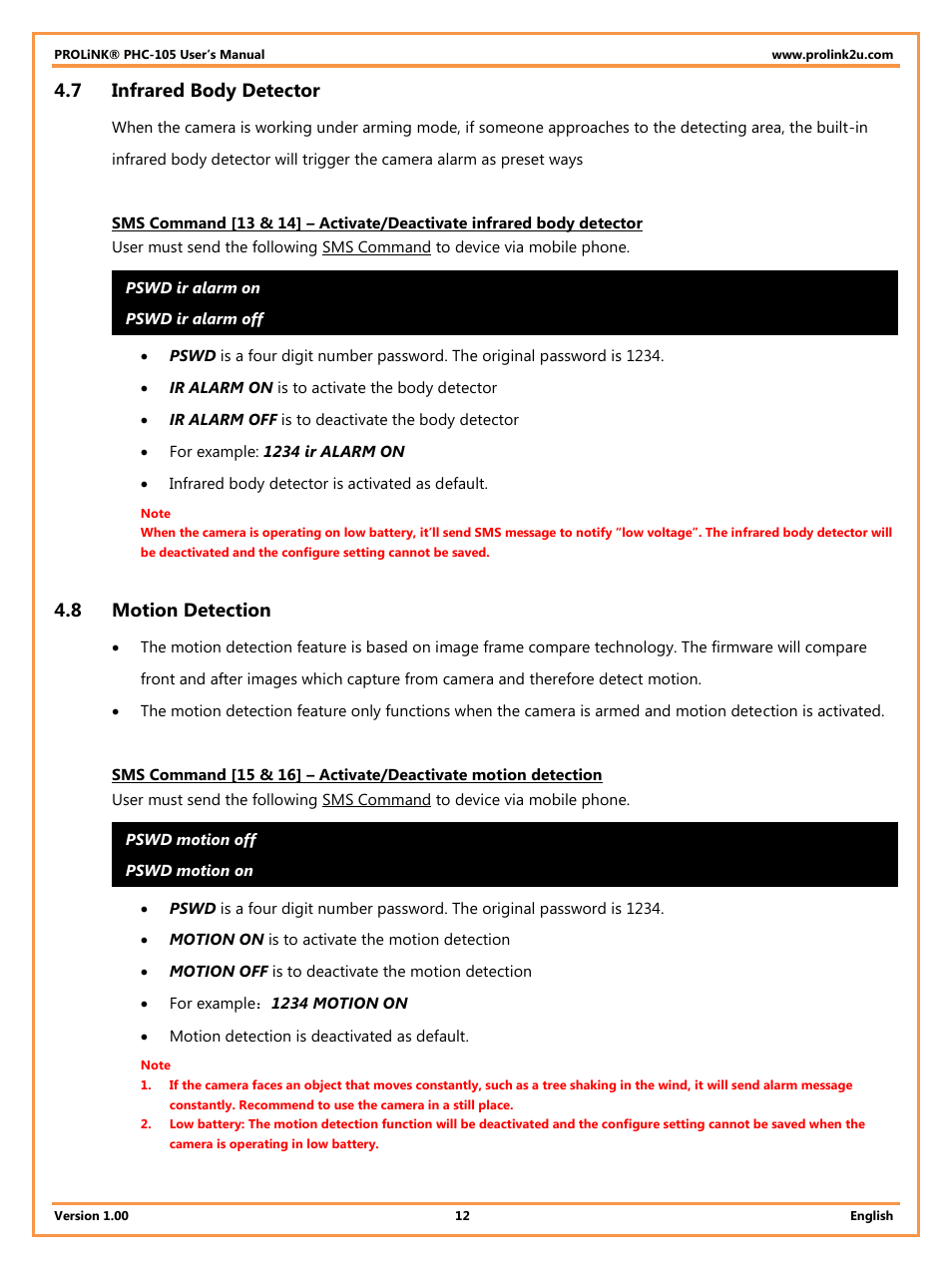 7 infrared body detector, 8 motion detection, Infrared body detector | Motion detection | PROLiNK PHC105 User Manual User Manual | Page 17 / 55