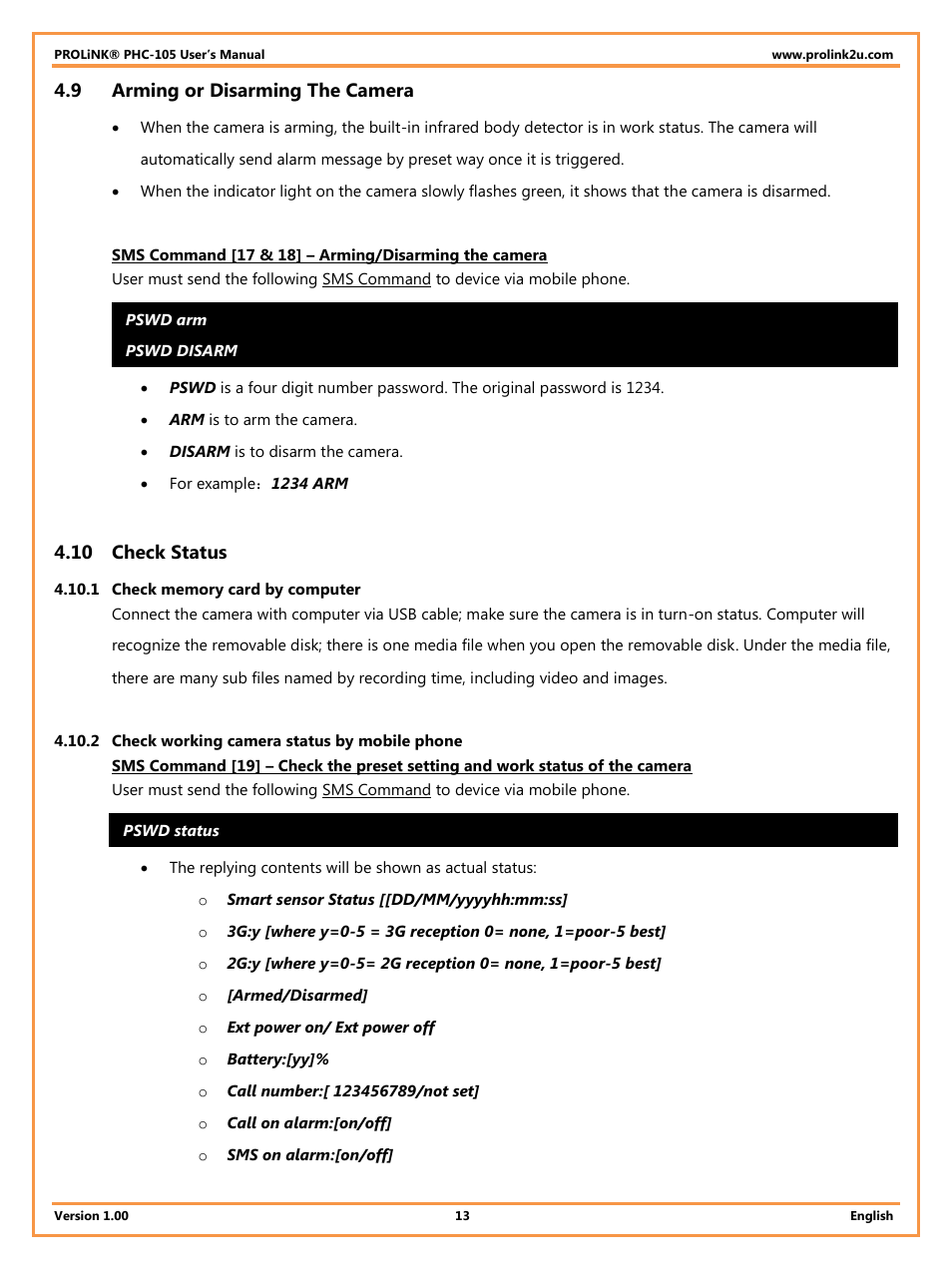 9 arming or disarming the camera, 10 check status, 1 check memory card by computer | 2 check working camera status by mobile phone, Arming or disarming the camera, Check status | PROLiNK PHC105 User Manual User Manual | Page 18 / 55