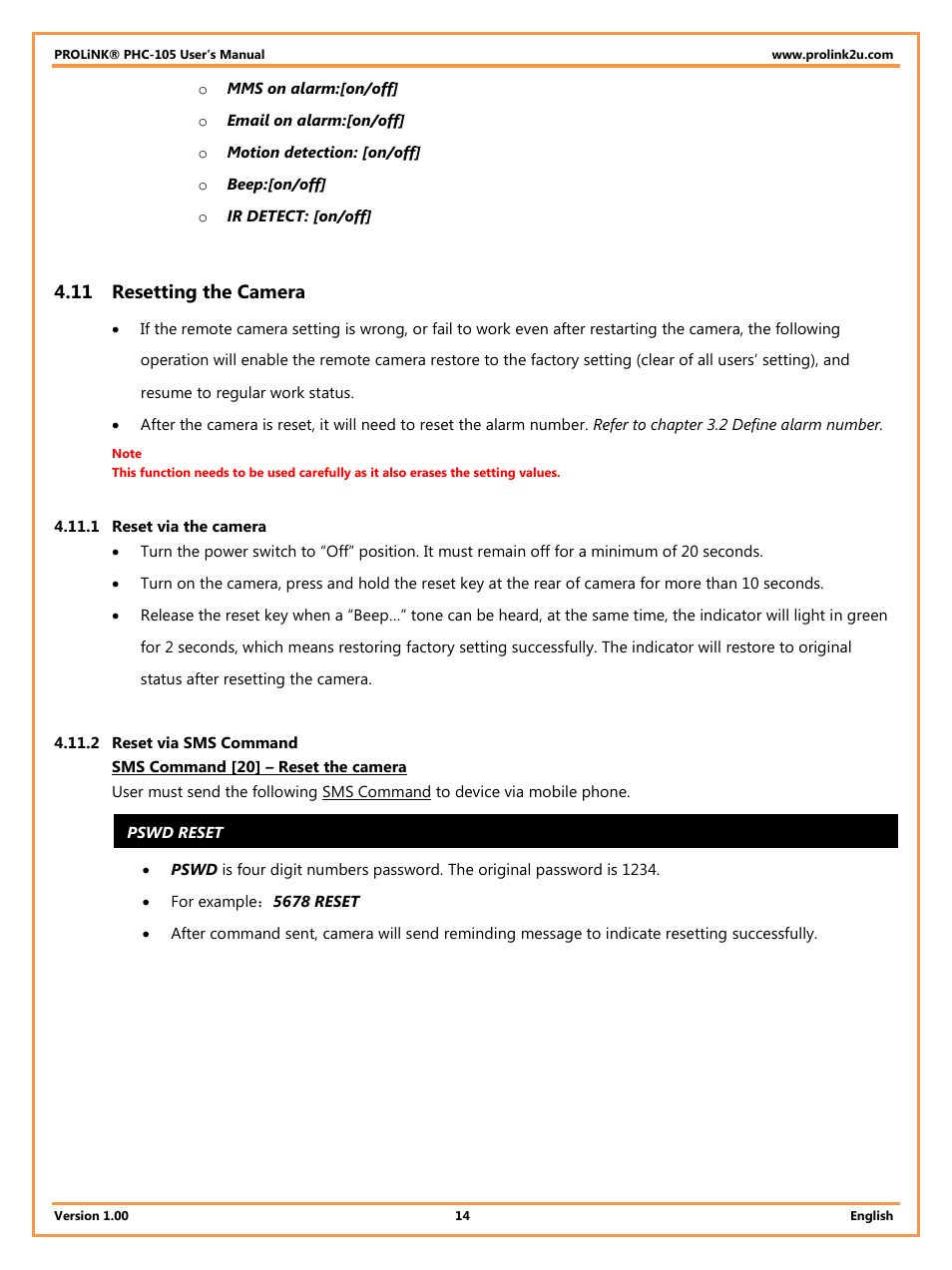 11 resetting the camera, 1 reset via the camera, 2 reset via sms command | Resetting the camera | PROLiNK PHC105 User Manual User Manual | Page 19 / 55