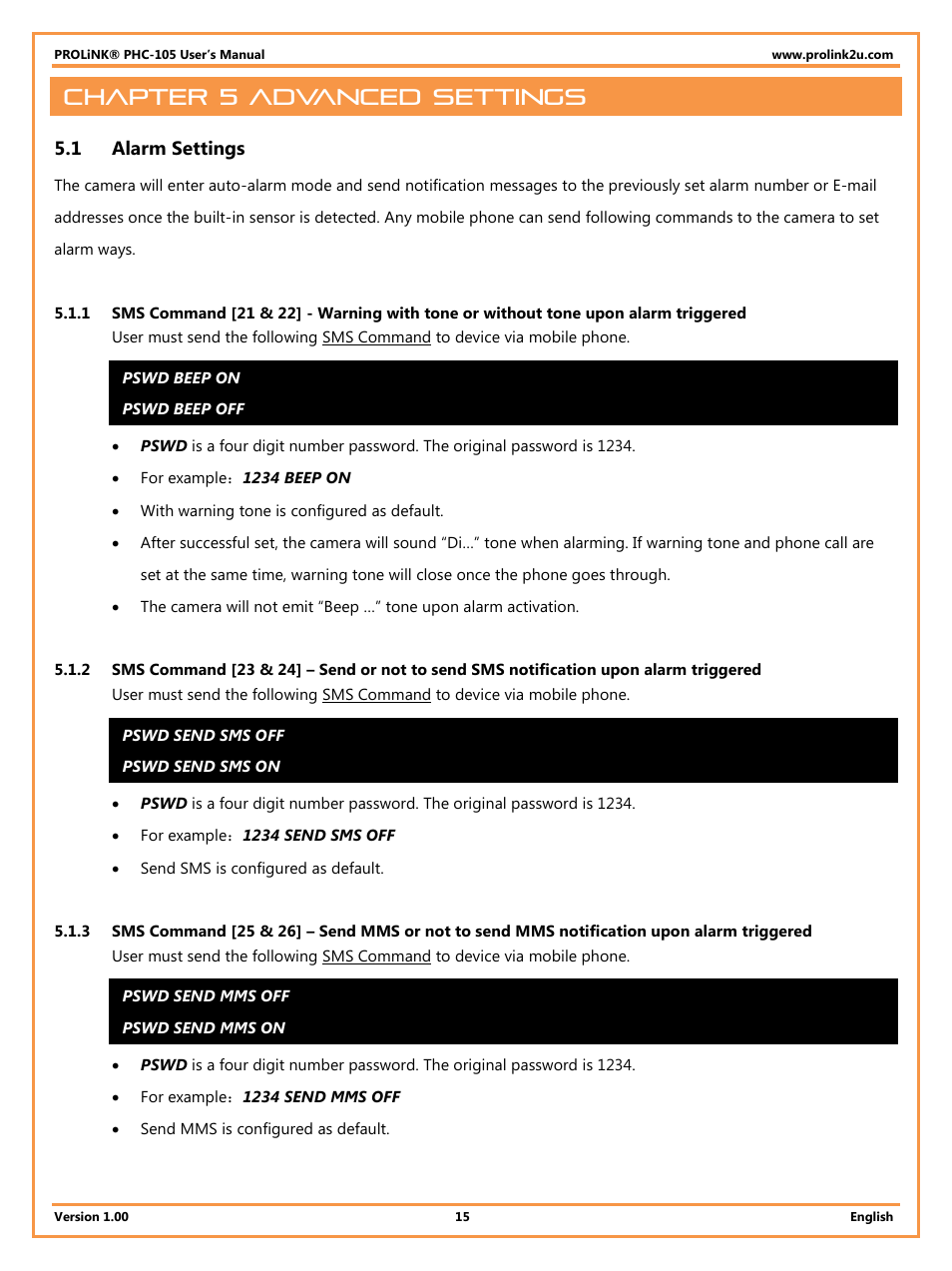 Chapter 5 advanced settings, 1 alarm settings, Alarm settings | PROLiNK PHC105 User Manual User Manual | Page 20 / 55