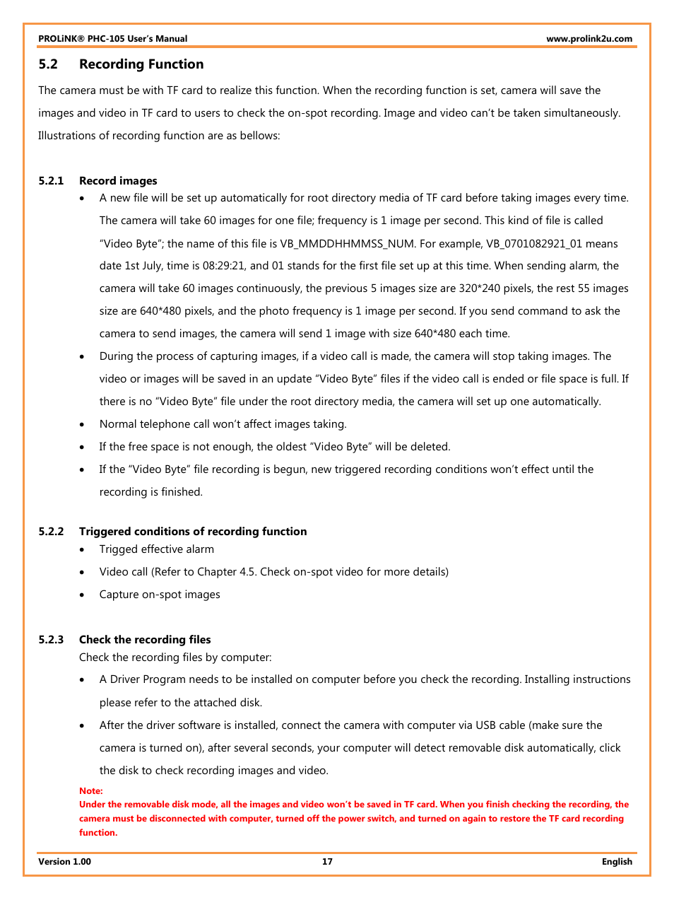 2 recording function, 1 record images, 2 triggered conditions of recording function | 3 check the recording files, Recording function | PROLiNK PHC105 User Manual User Manual | Page 22 / 55