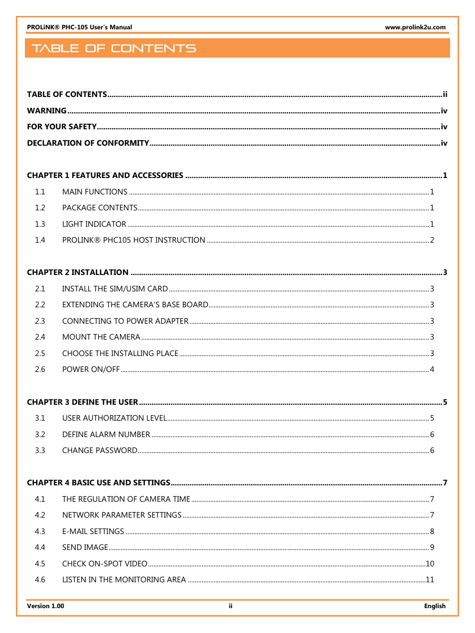 PROLiNK PHC105 User Manual User Manual | Page 3 / 55