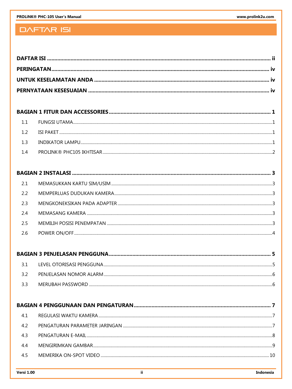 Daftar isi | PROLiNK PHC105 User Manual User Manual | Page 30 / 55