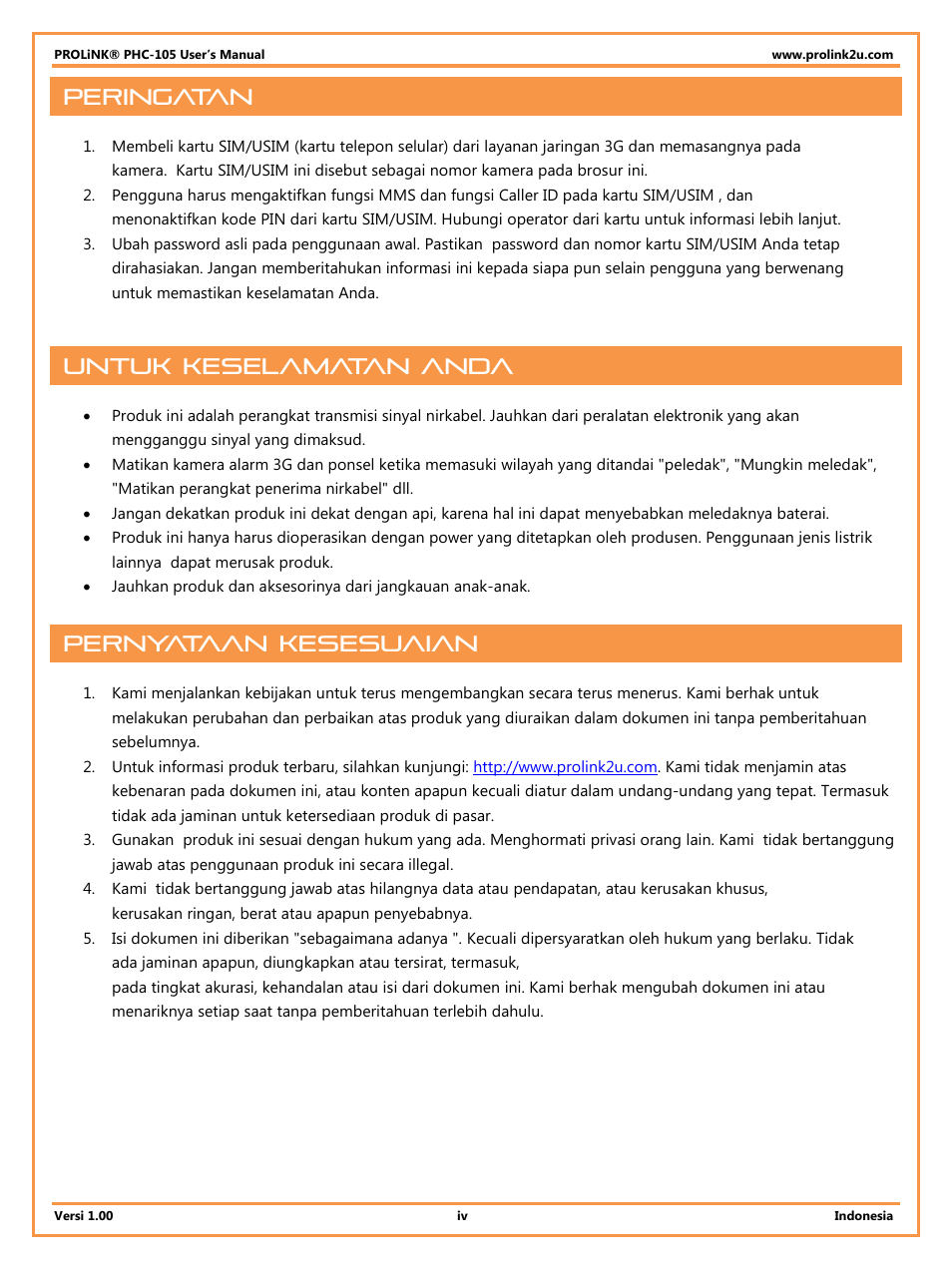 Peringatan, Untuk keselamatan anda, Pernyataan kesesuaian | PROLiNK PHC105 User Manual User Manual | Page 32 / 55