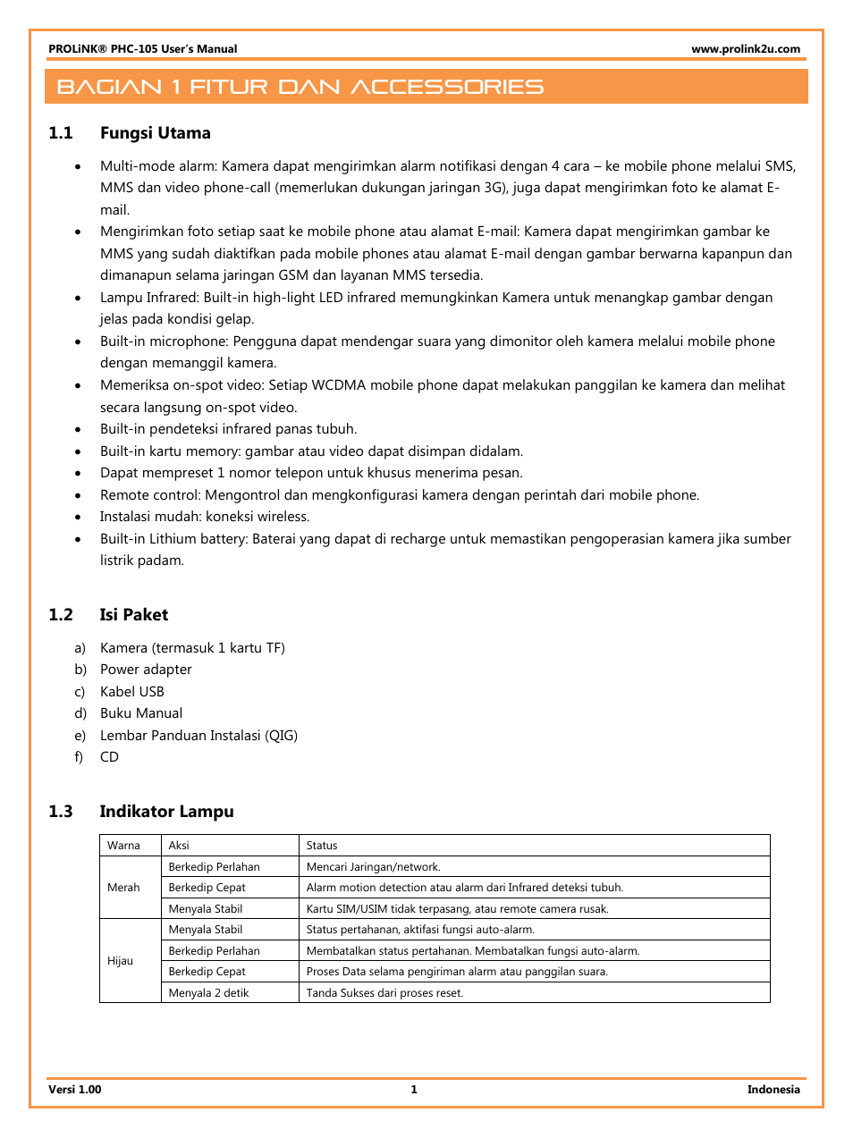 Bagian 1 fitur dan accessories, 1 fungsi utama, 2 isi paket | 3 indikator lampu, Fungsi utama, Isi paket, Indikator lampu | PROLiNK PHC105 User Manual User Manual | Page 33 / 55