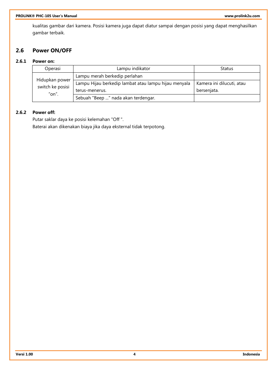 6 power on/off, 1 power on, 2 power off | Power on/off | PROLiNK PHC105 User Manual User Manual | Page 36 / 55