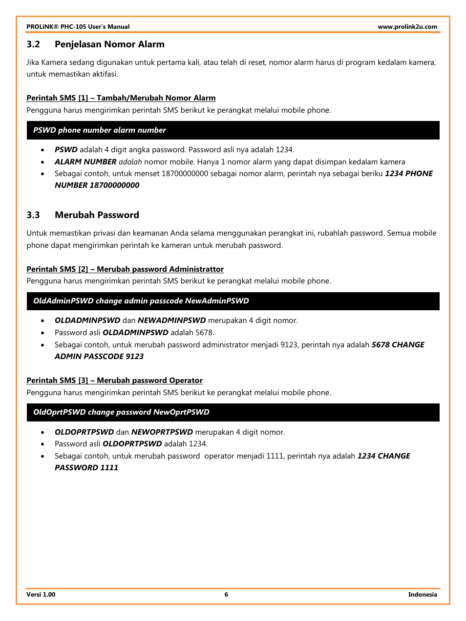 2 penjelasan nomor alarm, 3 merubah password, Penjelasan nomor alarm | Merubah password | PROLiNK PHC105 User Manual User Manual | Page 38 / 55