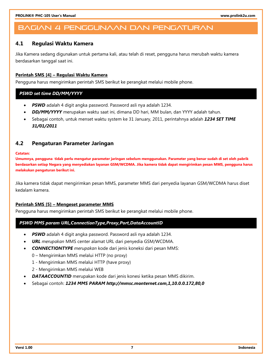 Bagian 4 penggunaan dan pengaturan, 1 regulasi waktu kamera, 2 pengaturan parameter jaringan | Regulasi waktu kamera, Pengaturan parameter jaringan | PROLiNK PHC105 User Manual User Manual | Page 39 / 55