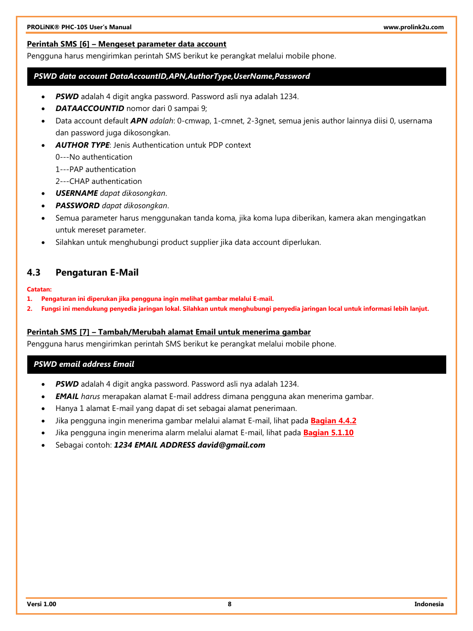 3 pengaturan e-mail, Pengaturan e-mail | PROLiNK PHC105 User Manual User Manual | Page 40 / 55