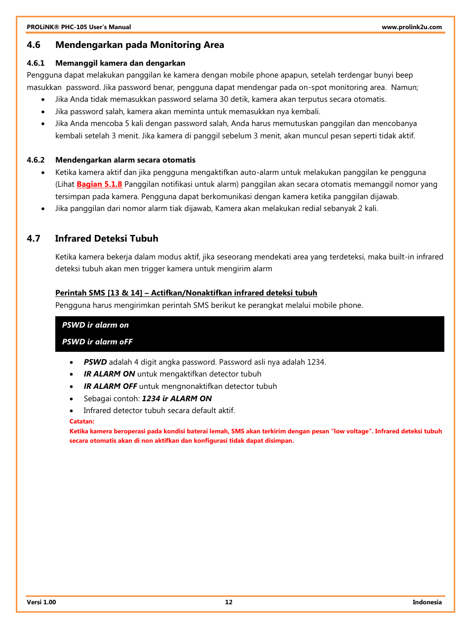 6 mendengarkan pada monitoring area, 1 memanggil kamera dan dengarkan, 2 mendengarkan alarm secara otomatis | 7 infrared deteksi tubuh, Mendengarkan pada monitoring area, Infrared deteksi tubuh | PROLiNK PHC105 User Manual User Manual | Page 44 / 55