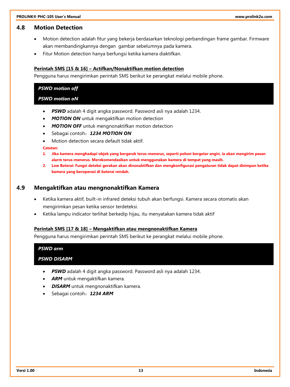 8 motion detection, 9 mengaktifkan atau mengnonaktifkan kamera, Motion detection | Mengaktifkan atau mengnonaktifkan kamera | PROLiNK PHC105 User Manual User Manual | Page 45 / 55
