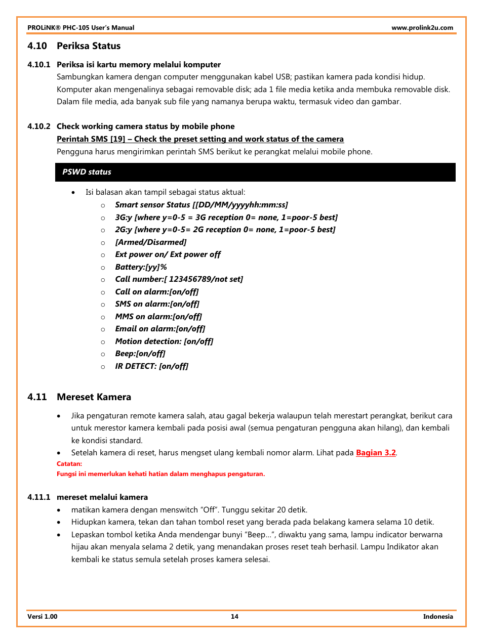 10 periksa status, 1 periksa isi kartu memory melalui komputer, 2 check working camera status by mobile phone | 11 mereset kamera, 1 mereset melalui kamera, Periksa status, Mereset kamera | PROLiNK PHC105 User Manual User Manual | Page 46 / 55