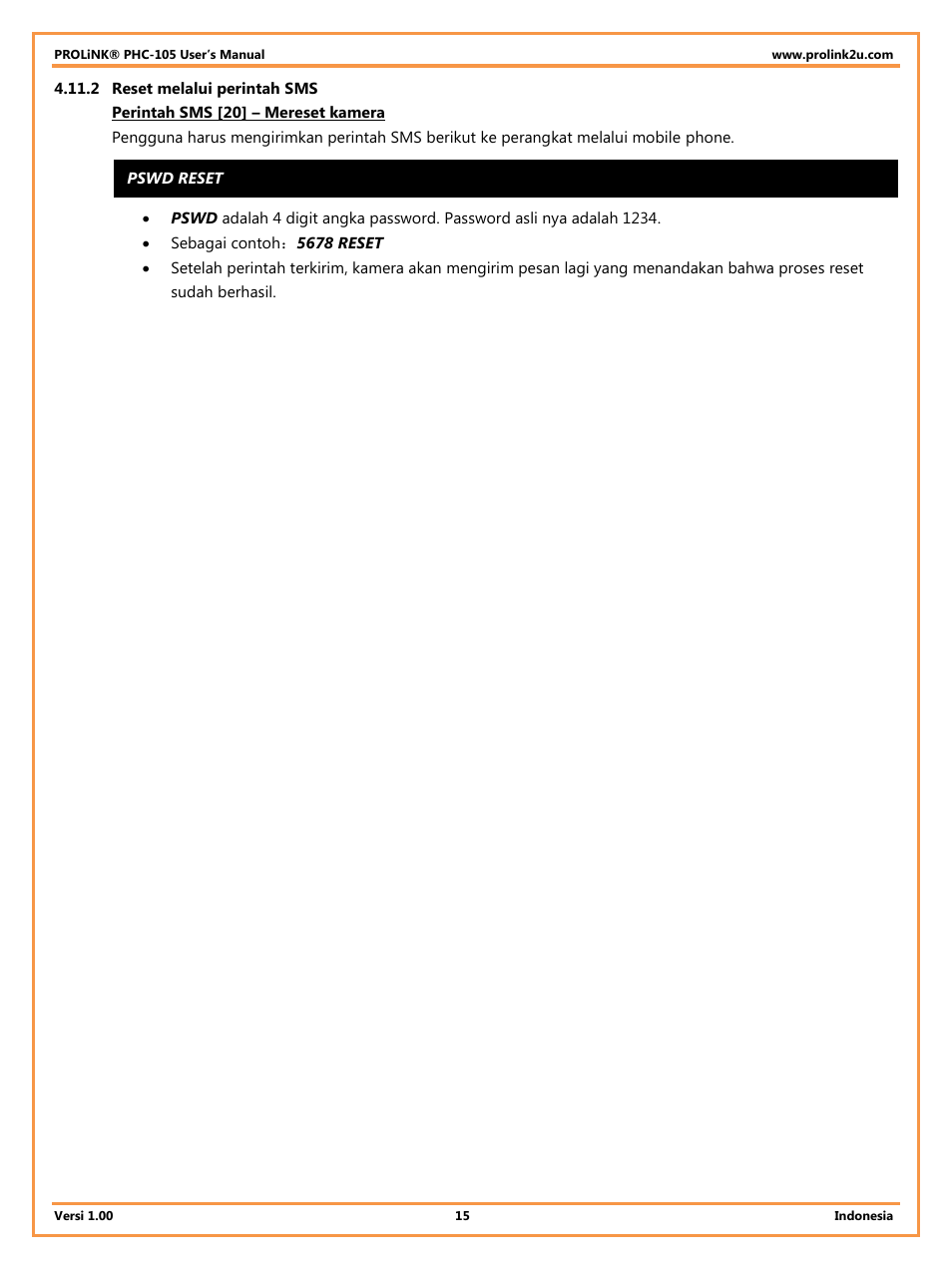 2 reset melalui perintah sms | PROLiNK PHC105 User Manual User Manual | Page 47 / 55