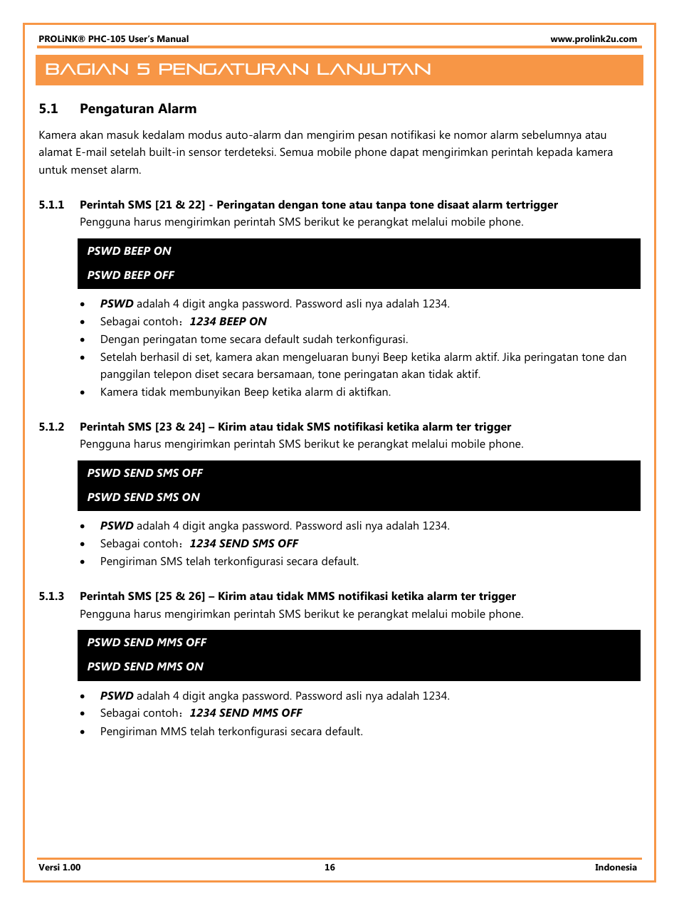 Bagian 5 pengaturan lanjutan, 1 pengaturan alarm, Pengaturan alarm | PROLiNK PHC105 User Manual User Manual | Page 48 / 55