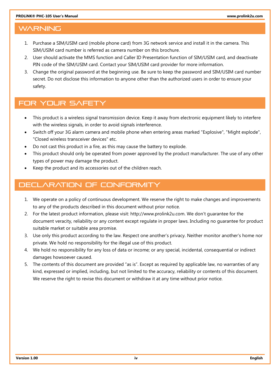 Warning, For your safety, Declaration of conformity | PROLiNK PHC105 User Manual User Manual | Page 5 / 55