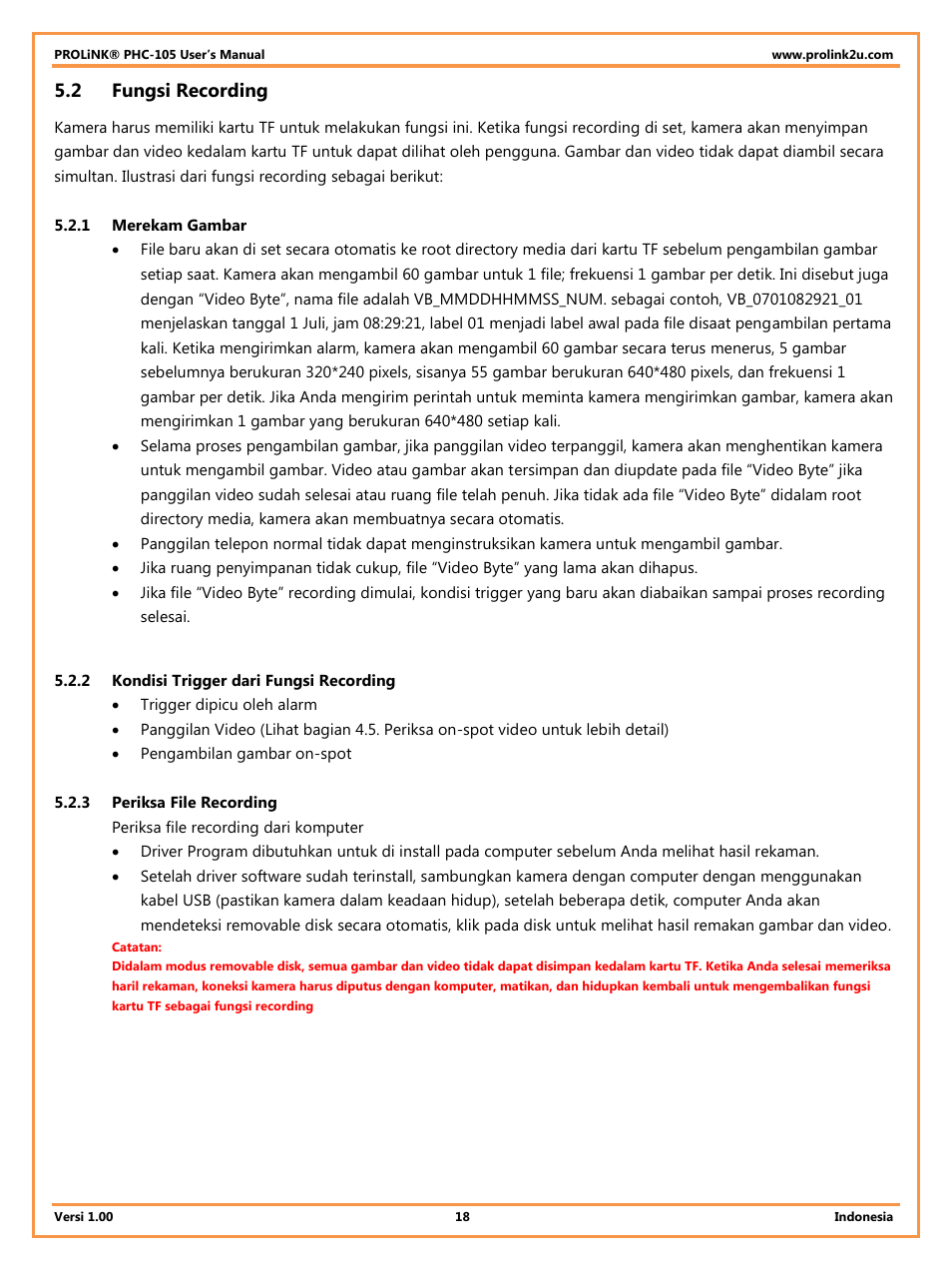 2 fungsi recording, 1 merekam gambar, 2 kondisi trigger dari fungsi recording | 3 periksa file recording, Fungsi recording | PROLiNK PHC105 User Manual User Manual | Page 50 / 55