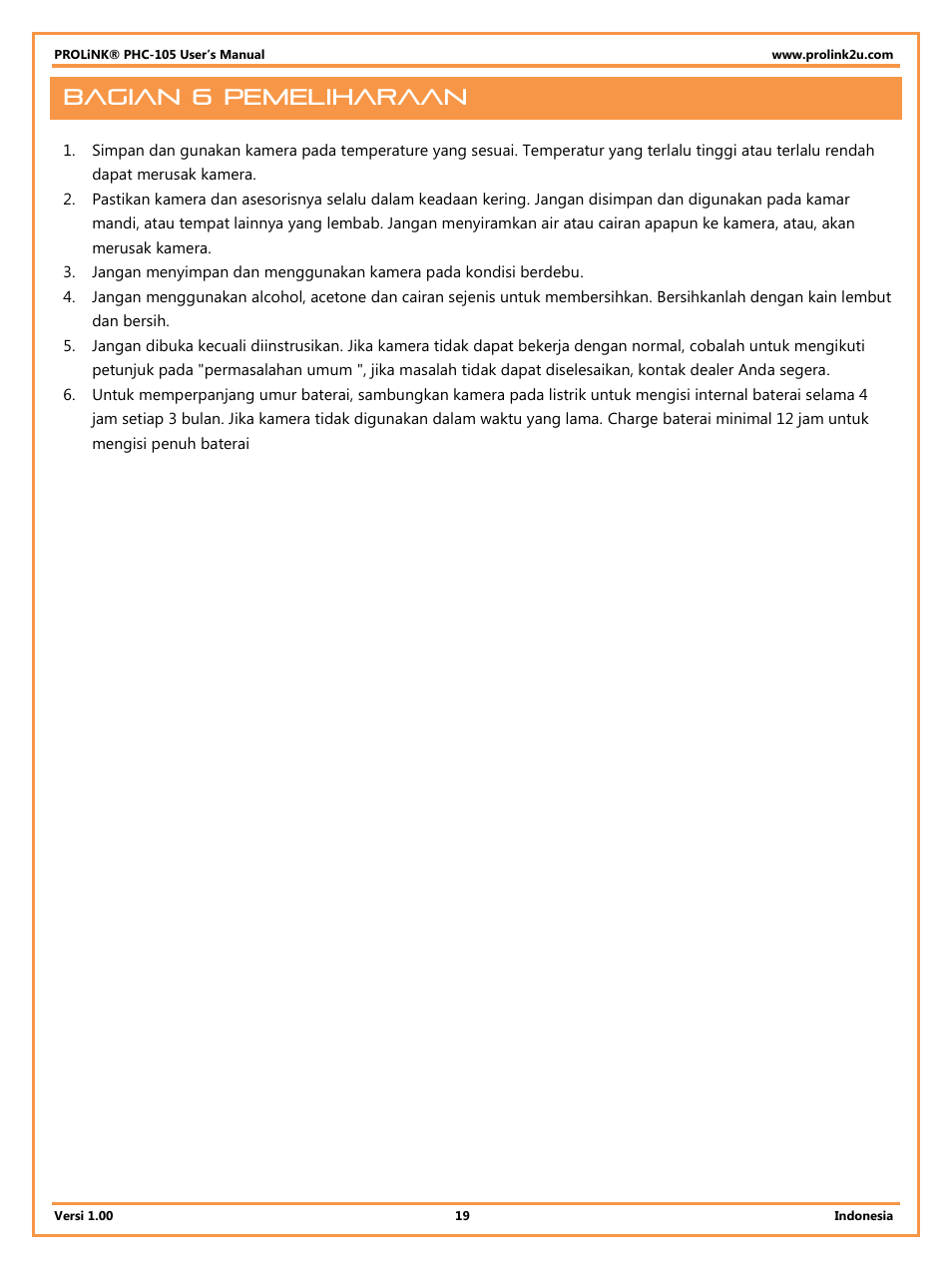 Bagian 6 pemeliharaan | PROLiNK PHC105 User Manual User Manual | Page 51 / 55