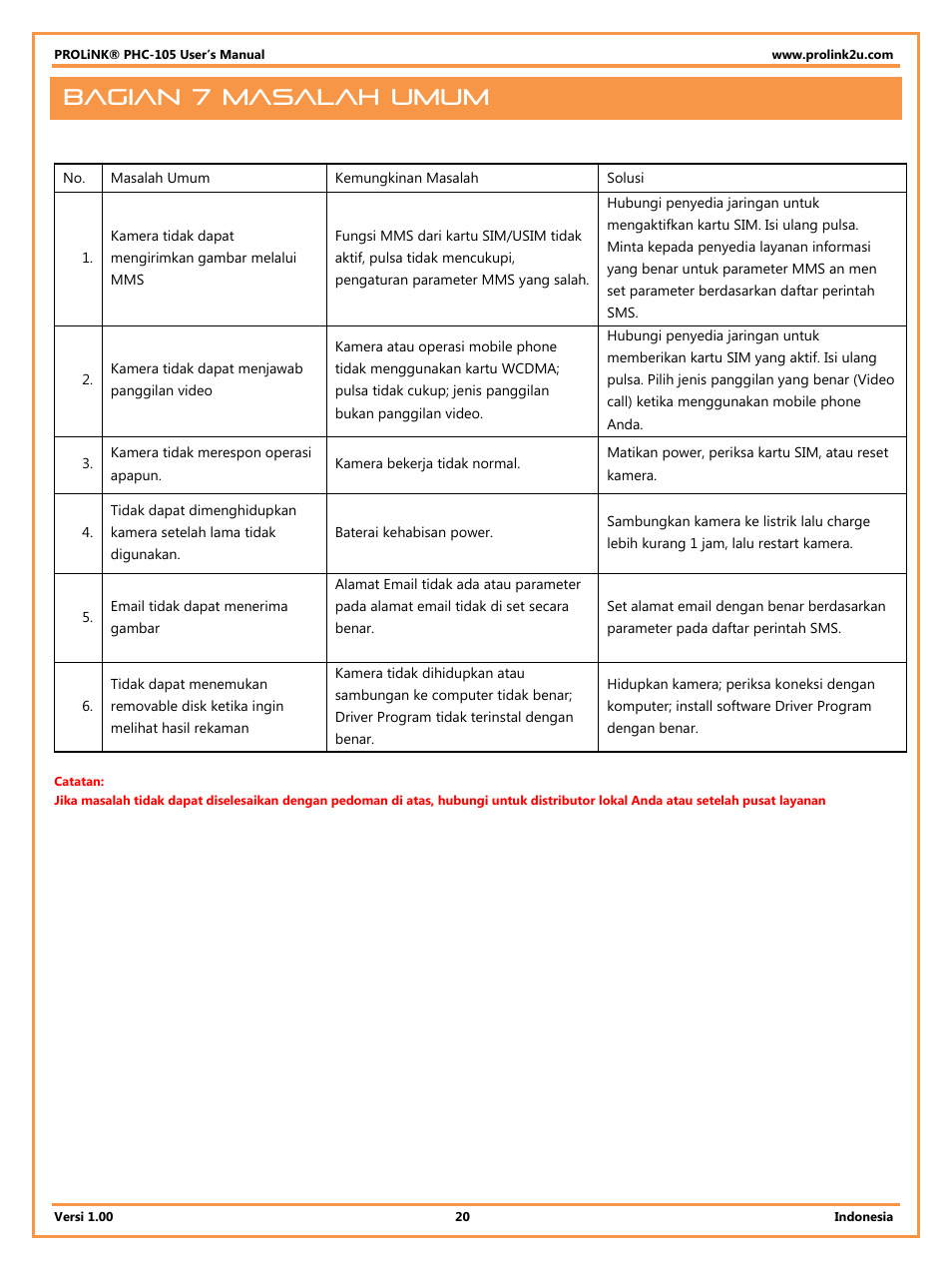 Bagian 7 masalah umum, Bagian 7 general troubleshooting | PROLiNK PHC105 User Manual User Manual | Page 52 / 55