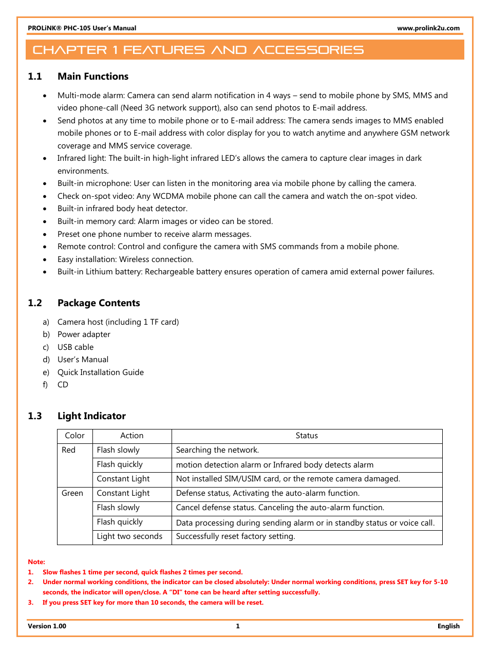 Chapter 1 features and accessories, 1 main functions, 2 package contents | 3 light indicator, Main functions, Package contents, Light indicator | PROLiNK PHC105 User Manual User Manual | Page 6 / 55