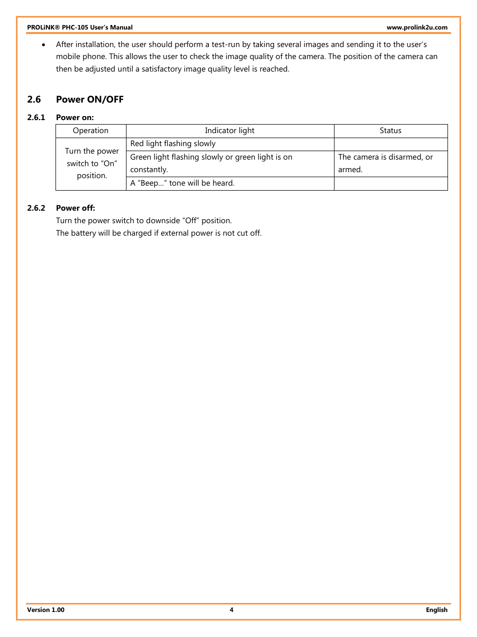 6 power on/off, 1 power on, 2 power off | Power on/off | PROLiNK PHC105 User Manual User Manual | Page 9 / 55