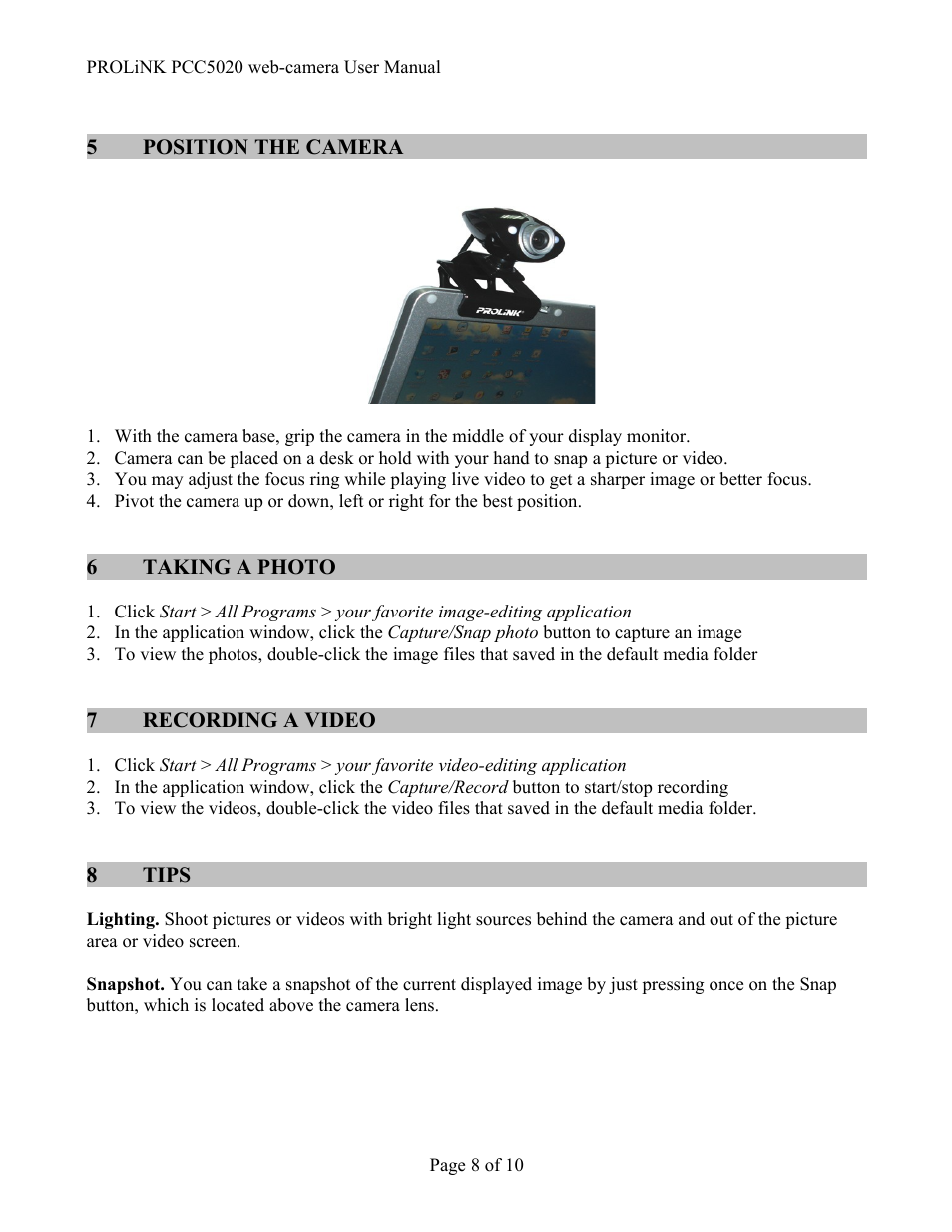 PROLiNK PCC5020 IzyCam User Manual | Page 8 / 10