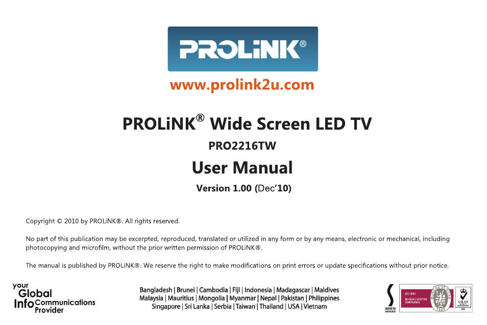 PROLiNK PRO2216TW User Manual | 33 pages