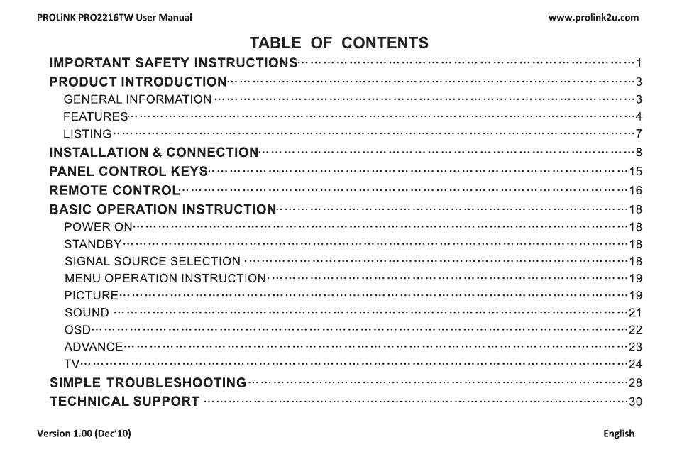 PROLiNK PRO2216TW User Manual | Page 2 / 33