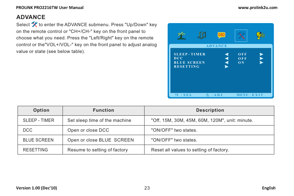 页 25, Advance | PROLiNK PRO2216TW User Manual | Page 25 / 33