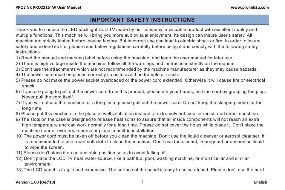 PROLiNK PRO2216TW User Manual | Page 3 / 33