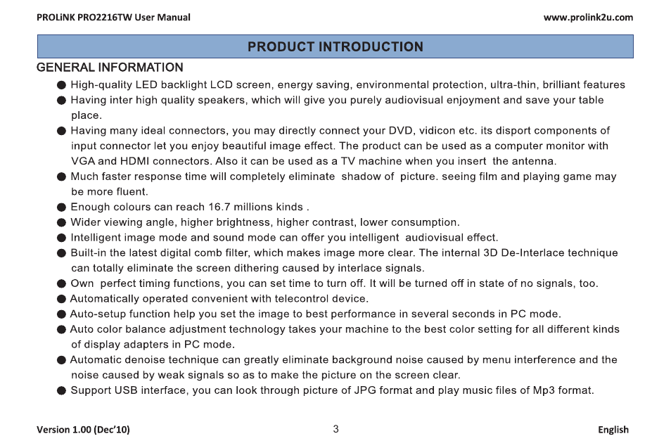PROLiNK PRO2216TW User Manual | Page 5 / 33