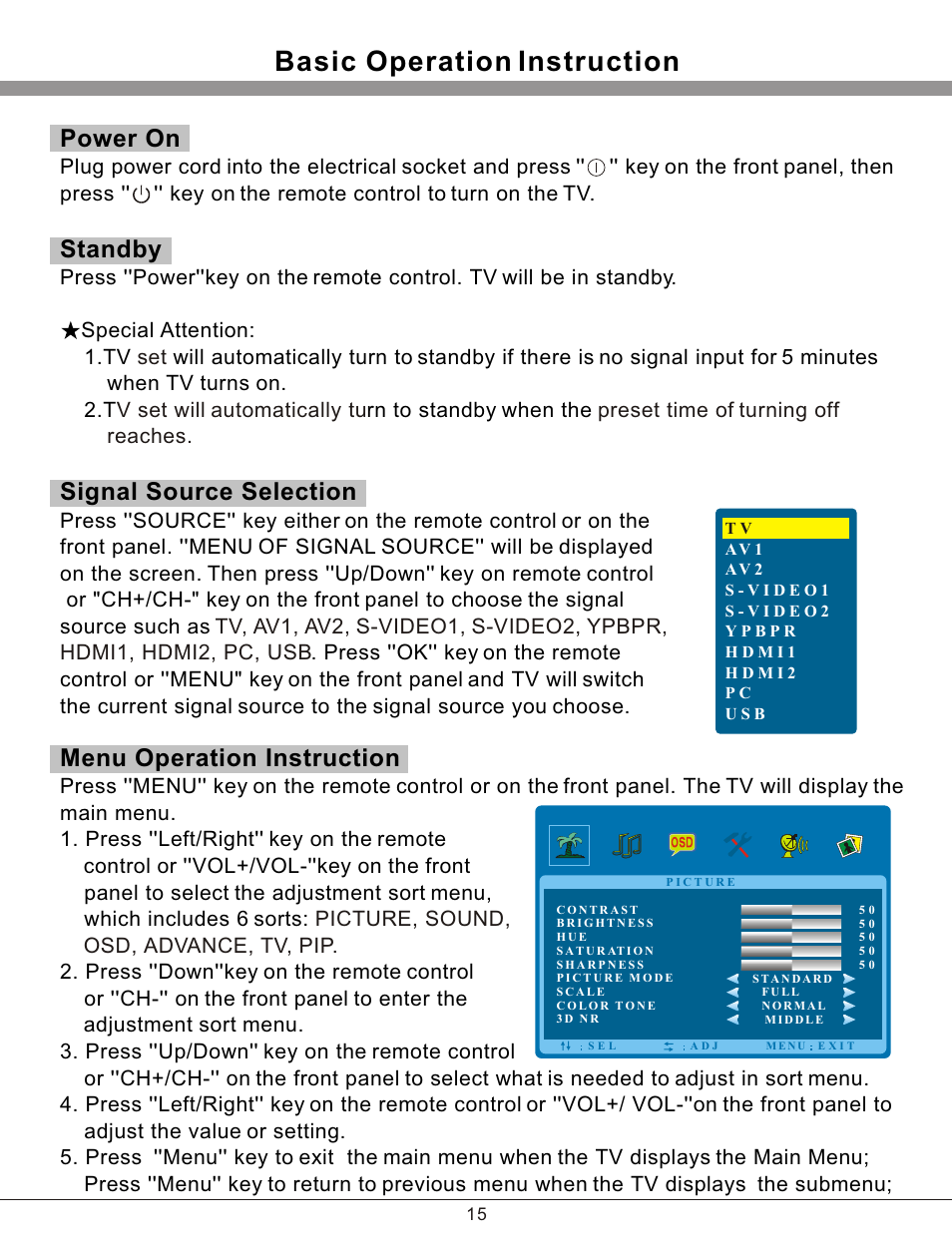 Т³гж 16, Basic operation instruction, Power on | Standby, Signal source selection, Menu operation instruction | PROLiNK PRO3201TW User Manual | Page 16 / 23