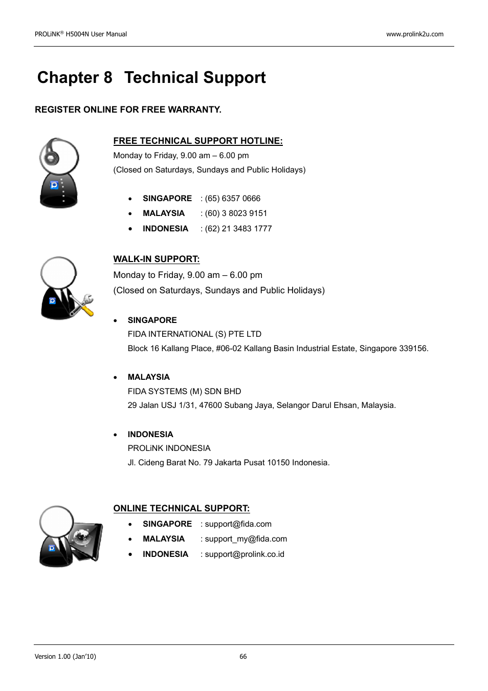 Chapter 8 technical support | PROLiNK H5004N Wireless-N User Manual | Page 67 / 68