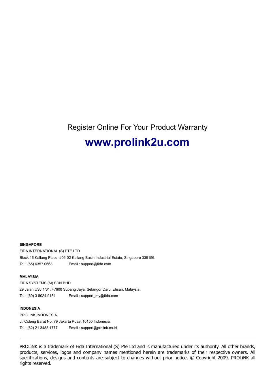 Register online for your product warranty | PROLiNK H5004N Wireless-N User Manual | Page 68 / 68