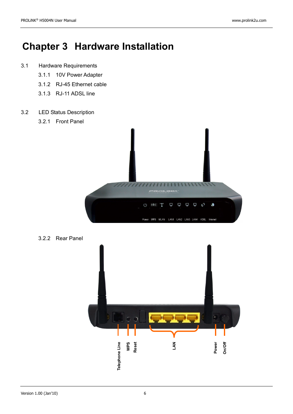 Chapter 3 hardware installation | PROLiNK H5004N Wireless-N User Manual | Page 7 / 68