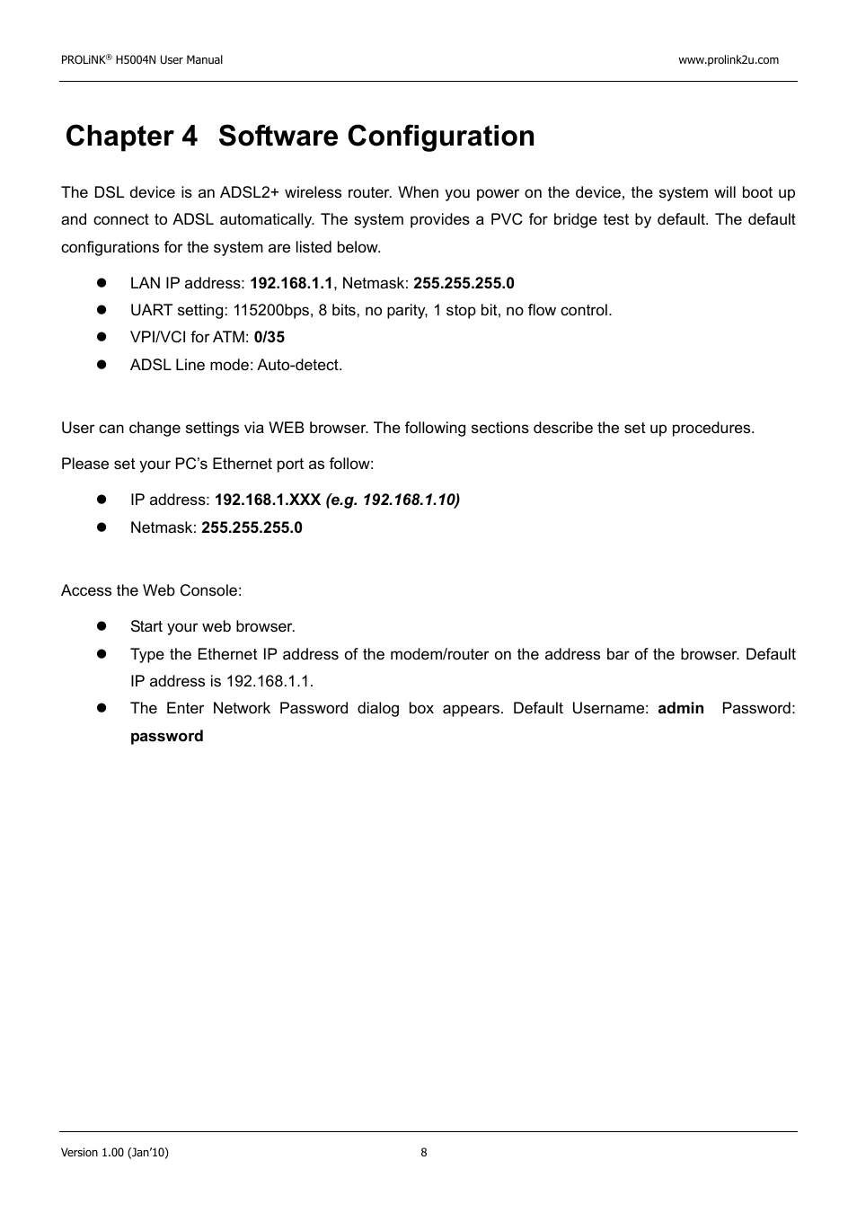 Chapter 4 software configuration | PROLiNK H5004N Wireless-N User Manual | Page 9 / 68