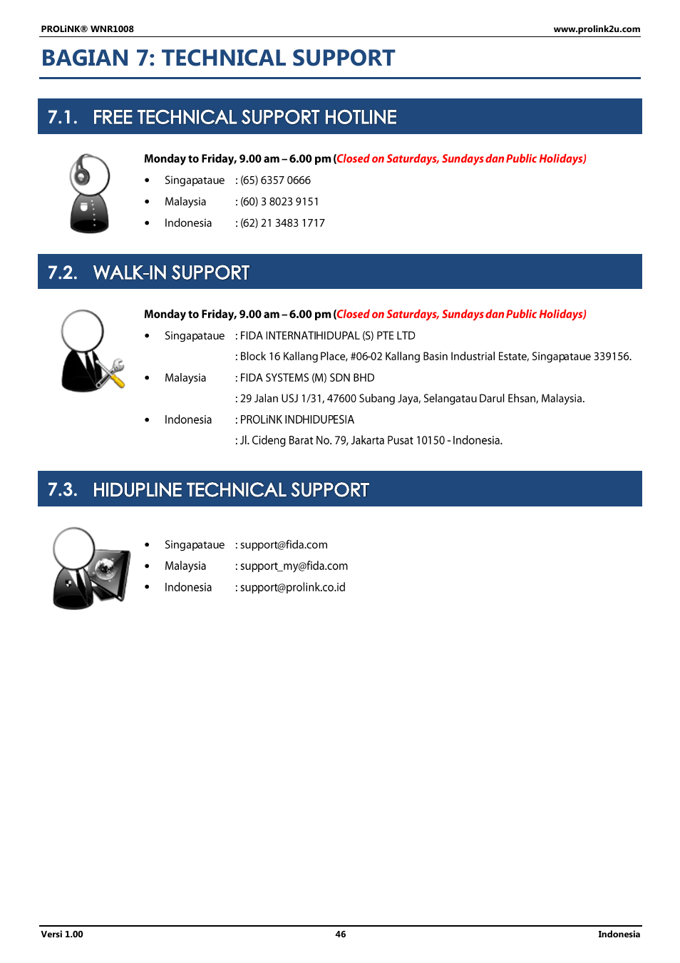 Bagian 7: technical support, Free technical support hotline, Walk-in support | Hidupline technical support | PROLiNK WNR1008 User Manual User Manual | Page 100 / 101