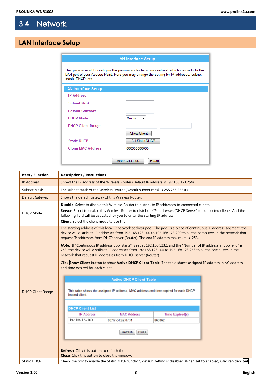 Network, Lan interface setup | PROLiNK WNR1008 User Manual User Manual | Page 11 / 101