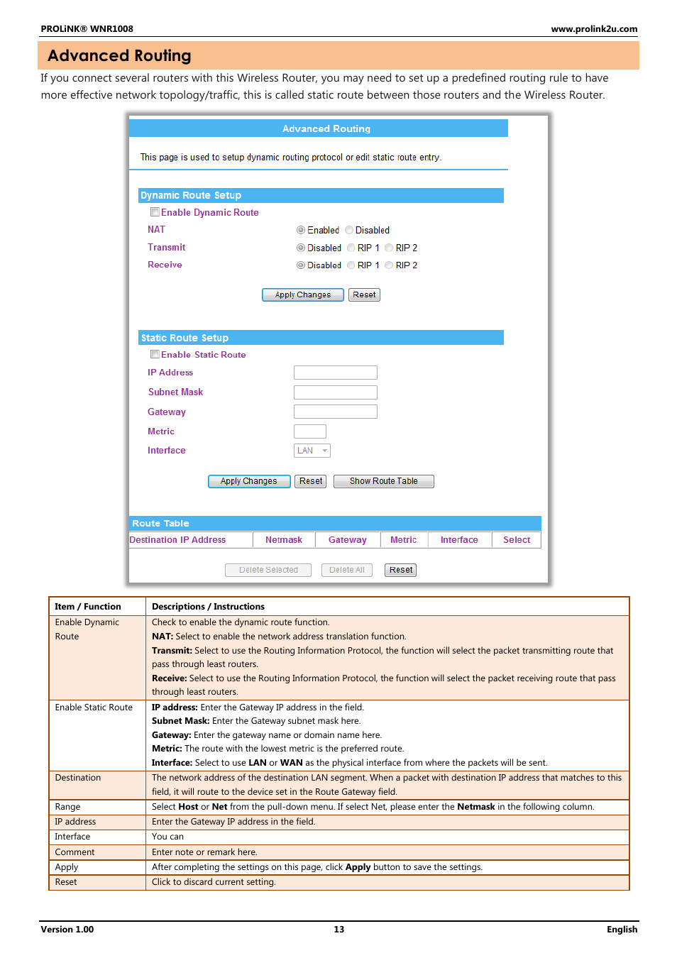 Advanced routing | PROLiNK WNR1008 User Manual User Manual | Page 16 / 101