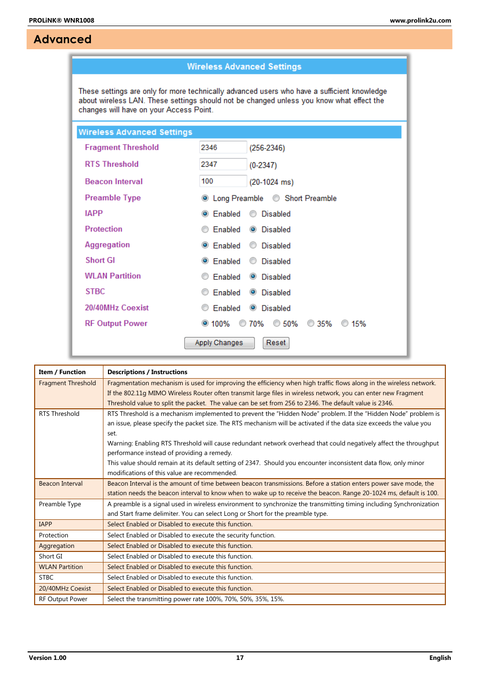 Advanced | PROLiNK WNR1008 User Manual User Manual | Page 20 / 101