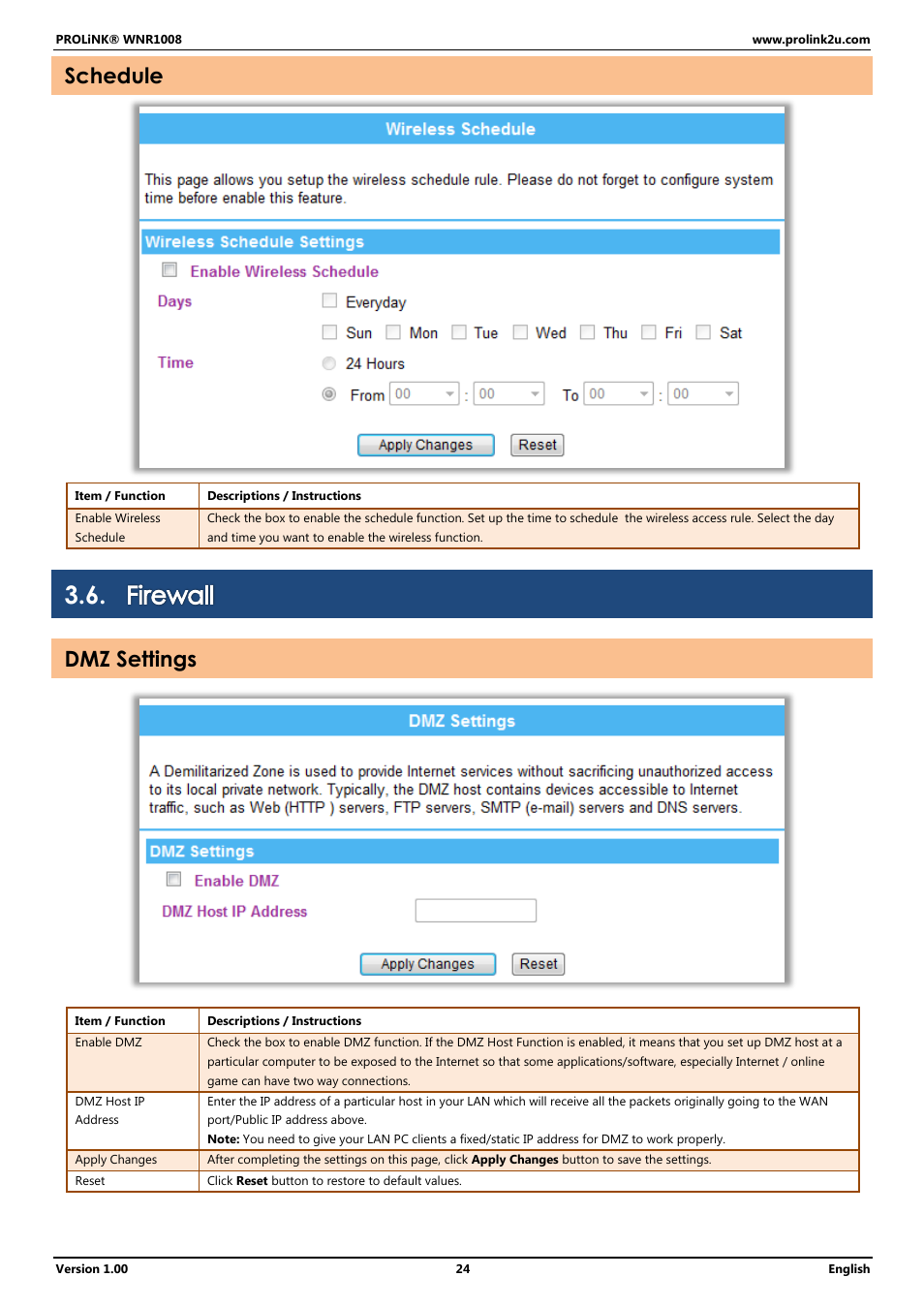 Firewall, Schedule, Dmz settings | PROLiNK WNR1008 User Manual User Manual | Page 27 / 101