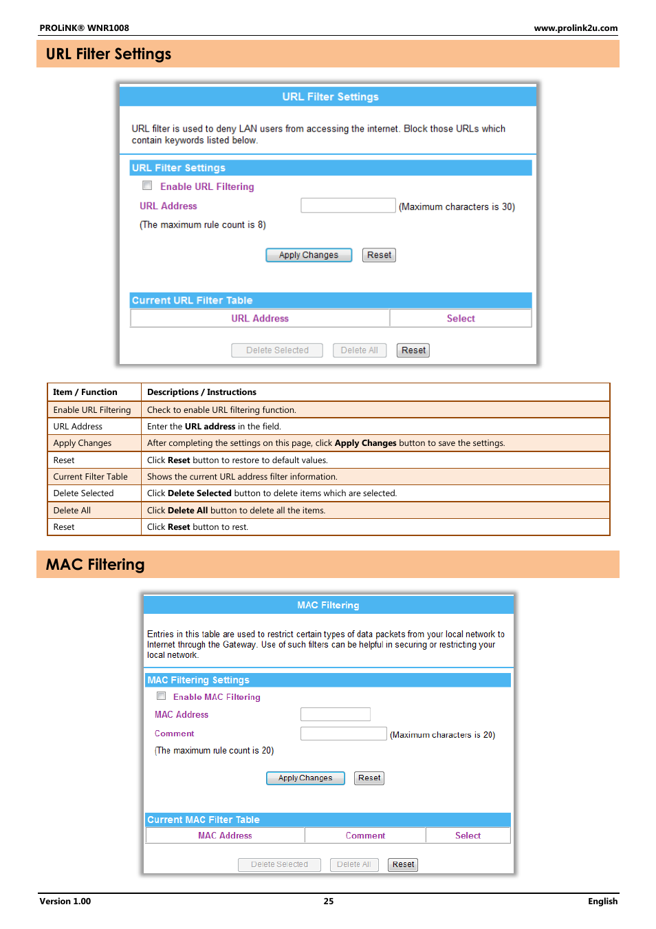 Url filter settings, Mac filtering | PROLiNK WNR1008 User Manual User Manual | Page 28 / 101