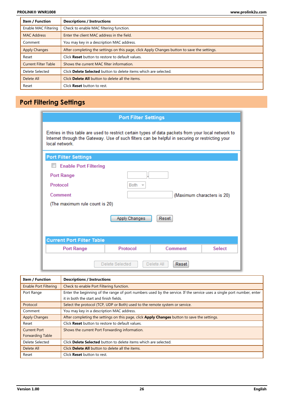 Port filtering settings | PROLiNK WNR1008 User Manual User Manual | Page 29 / 101