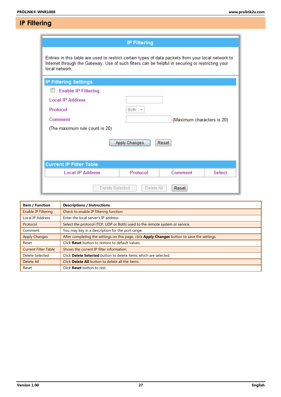 Ip filtering | PROLiNK WNR1008 User Manual User Manual | Page 30 / 101