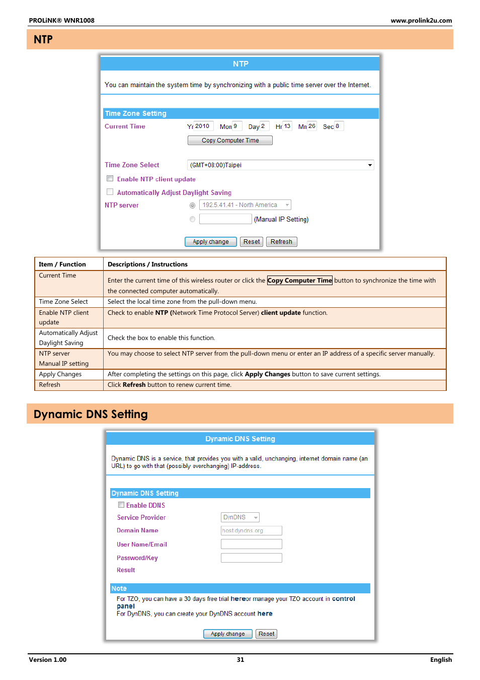 Dynamic dns setting | PROLiNK WNR1008 User Manual User Manual | Page 34 / 101