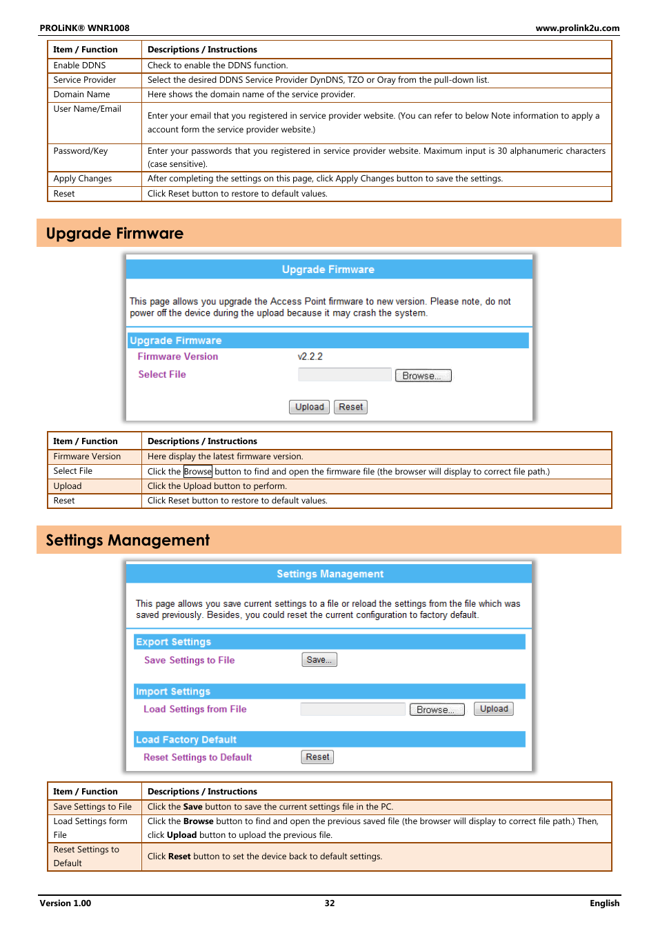 Upgrade firmware, Settings management | PROLiNK WNR1008 User Manual User Manual | Page 35 / 101