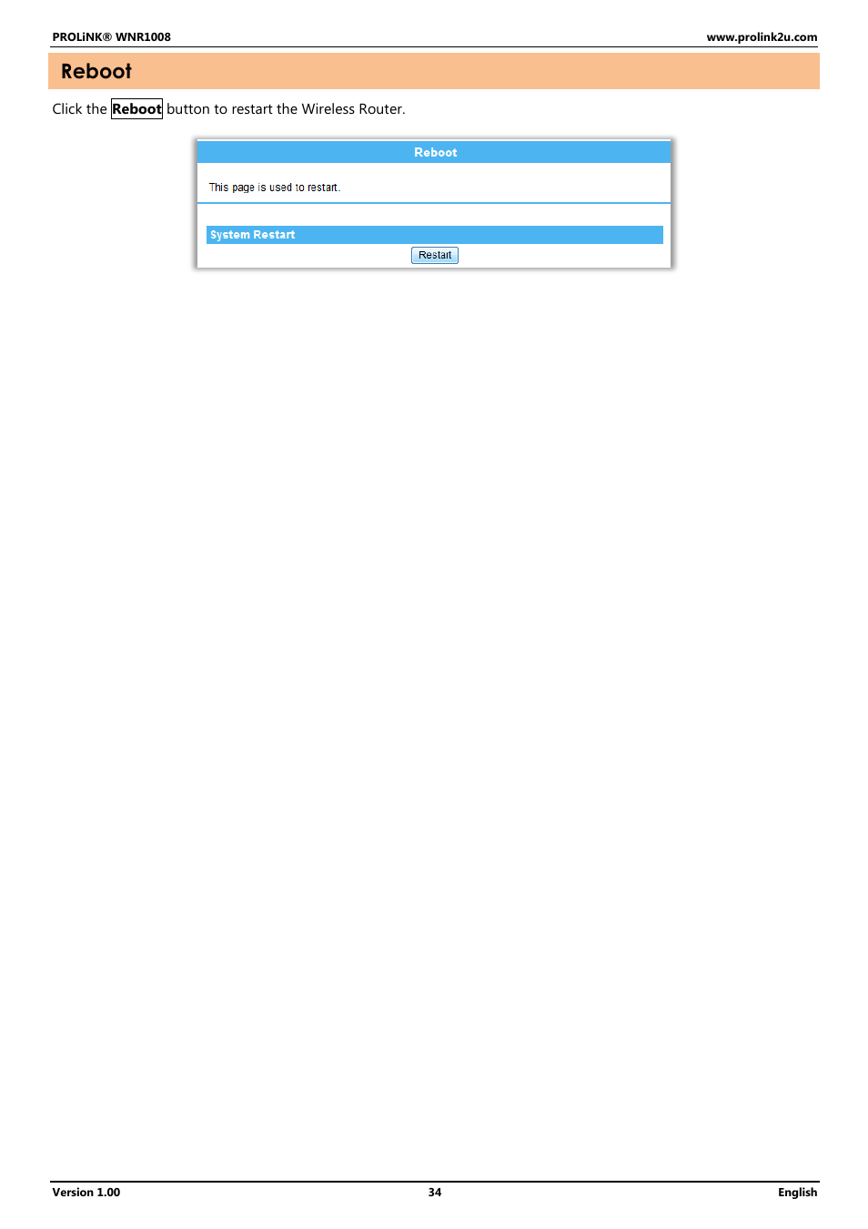 Reboot | PROLiNK WNR1008 User Manual User Manual | Page 37 / 101